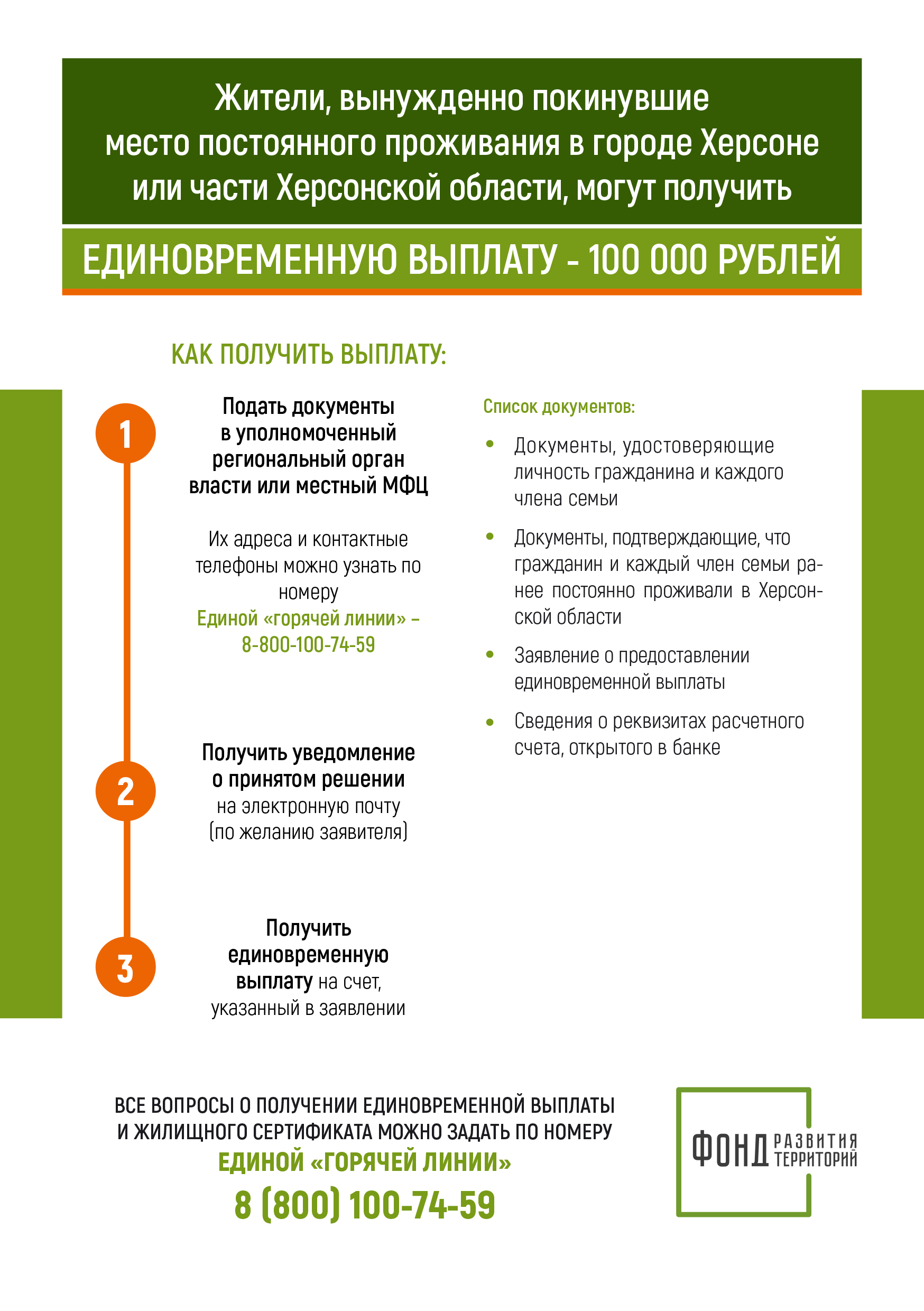 Жители, вынужденно покинувшие место постоянного проживания в городе Херсоне или части Херсонской области, могут получить-ЕДИНОВРЕМЕННУЮ ВЫПЛАТУ-100000 РУБЛЕЙ